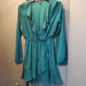 Express Forest Green Long Sleeve Ruffle Dress